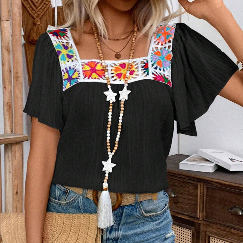 Women's Elegant Square Neck Crochet-Trimmed Geometric Floral Print Short Sleeve Shirt Spring Summer Casual Top