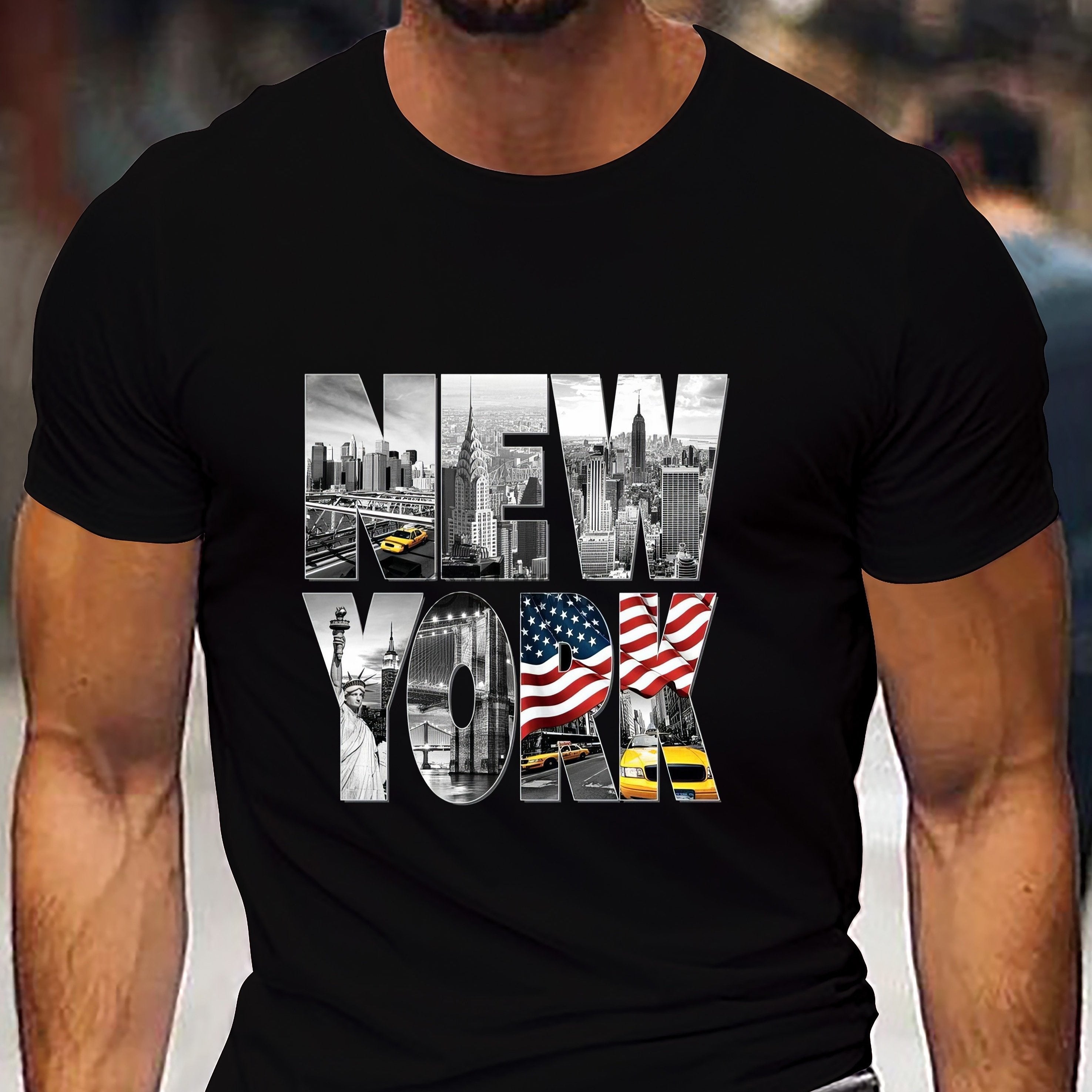 New York Creative Printed Summer Casual T-shirt Short Sleeved Men's Style, Sporty And Casual Style, Fashionable Round Neck Top, Suitable For Daily Wear