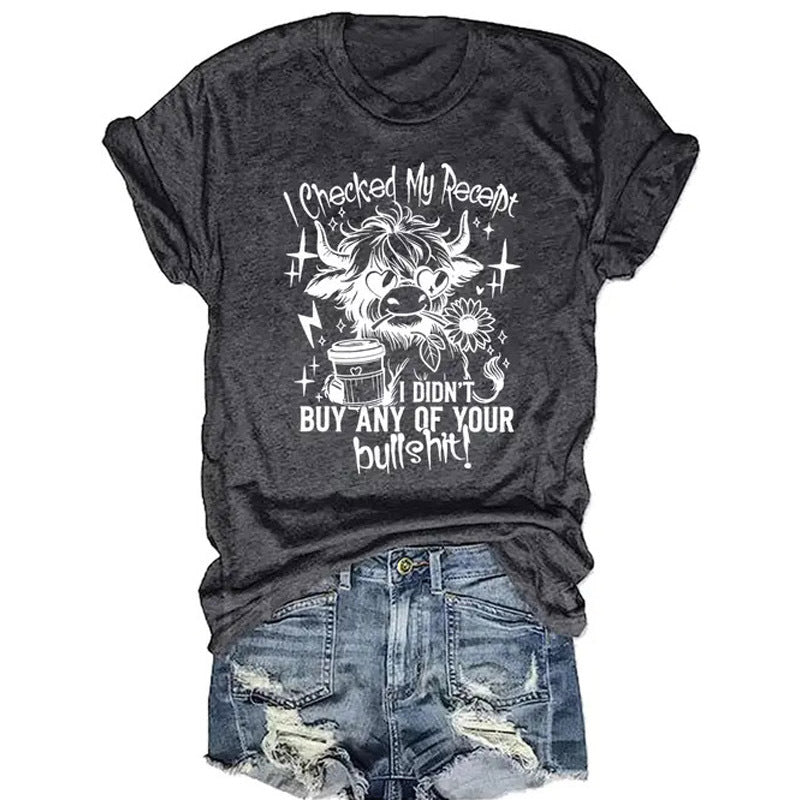 Women's Round Neck Short Sleeve T-Shirt Cow Letter Print Breathable Casual Summer Top