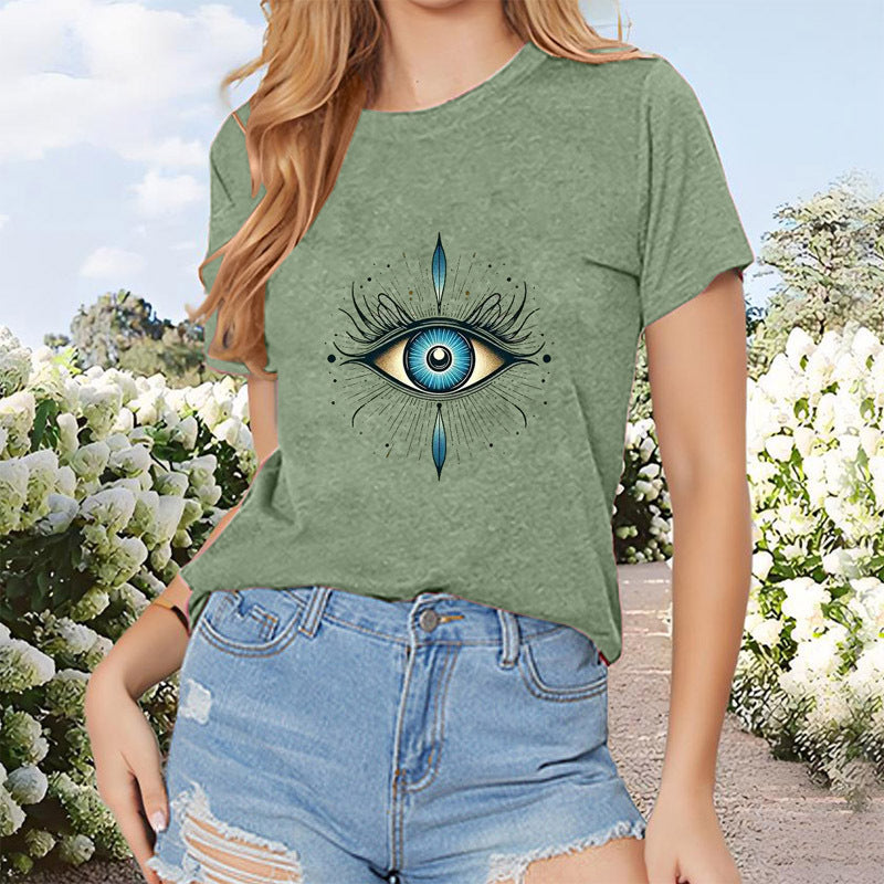 Women's Round Neck Eye Print Short Sleeve T-Shirt Simple Casual Spring Summer Tee