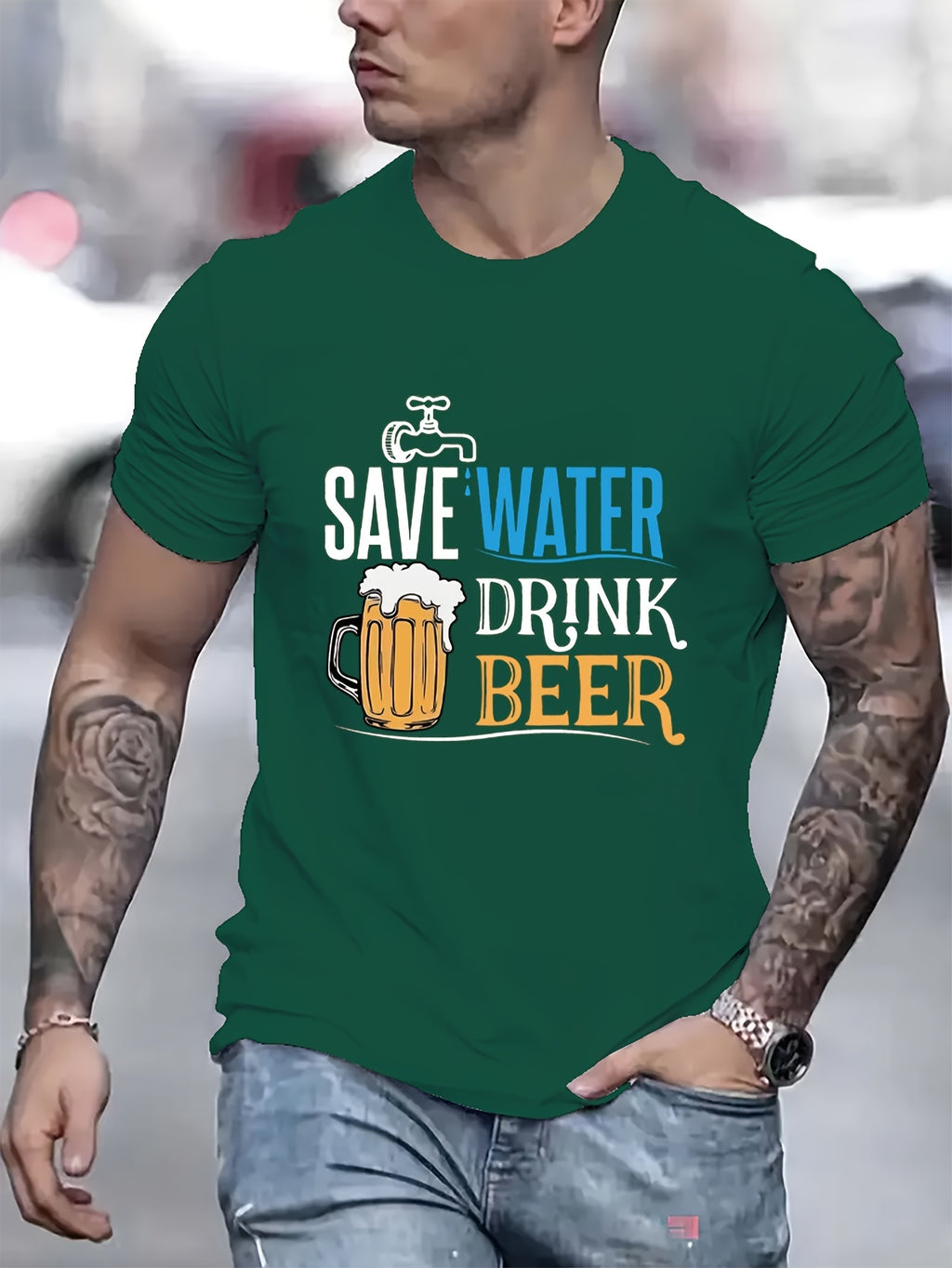 Cherish Water Resources And Drink More Beer. Men's Creative Printed Casual Novel T-shirt, Summer Spring Short Sleeved Top, Comfortable Fit, Fashionable Street Style Round Neck T-shirt, Suitable For Da