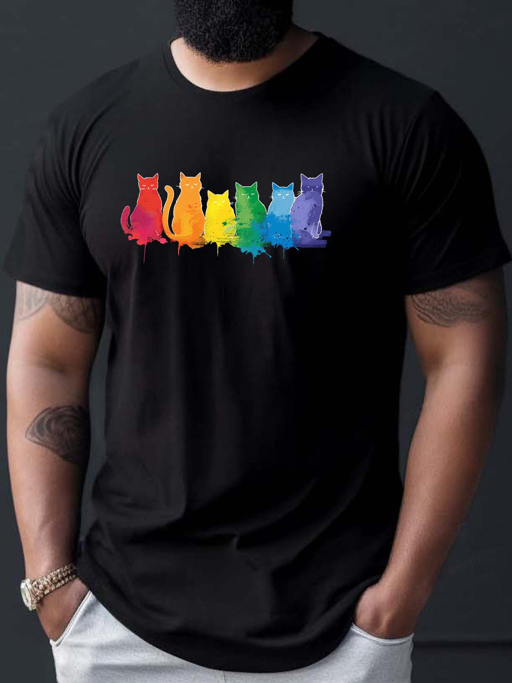 Colorful Rainbow Cat Design Printed T-shirt, Men's Minimalist T-shirt, Summer Casual Short Sleeved T-shirt