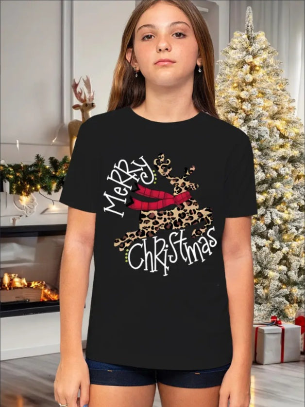 Girls' Festive Christmas Leopard & Reindeer Print T-Shirt - Casual Crew Neck, Machine Washable - Perfect For Summer, For Christmas