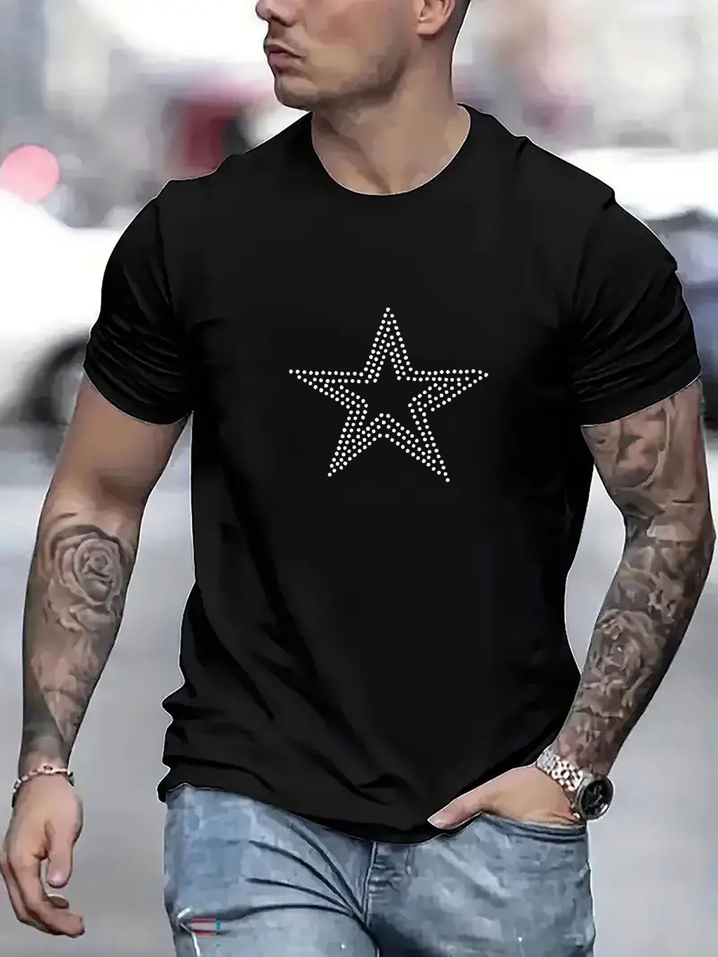 Men's Short Sleeved T-shirt With Line Star Pattern Printed Casual Round Neck T-shirt, Suitable For Summer, Breathable And Comfortable Outdoor Sports Top
