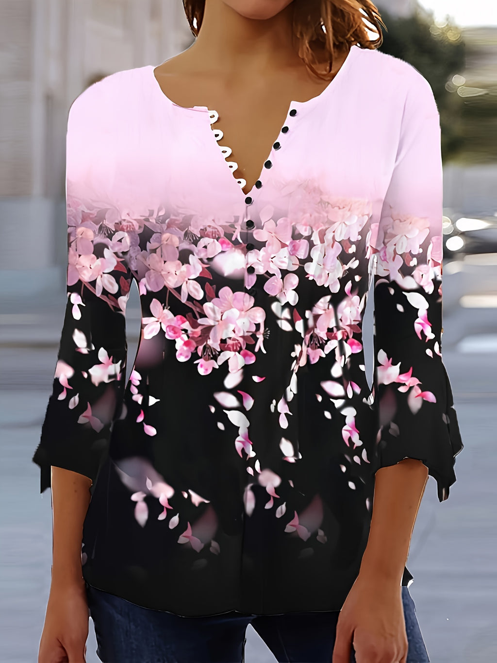 Spring And Autumn New Printed Spike Button Irregular Three-quarter Sleeve T-shirt Casual Top