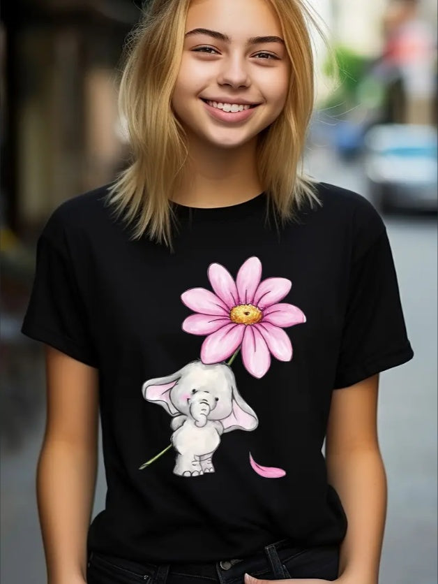 Chic Elephant & Floral Print Girls' T-Shirt - Loose Fit, Crew Neck, Short Sleeve - Perfect For Spring Summer