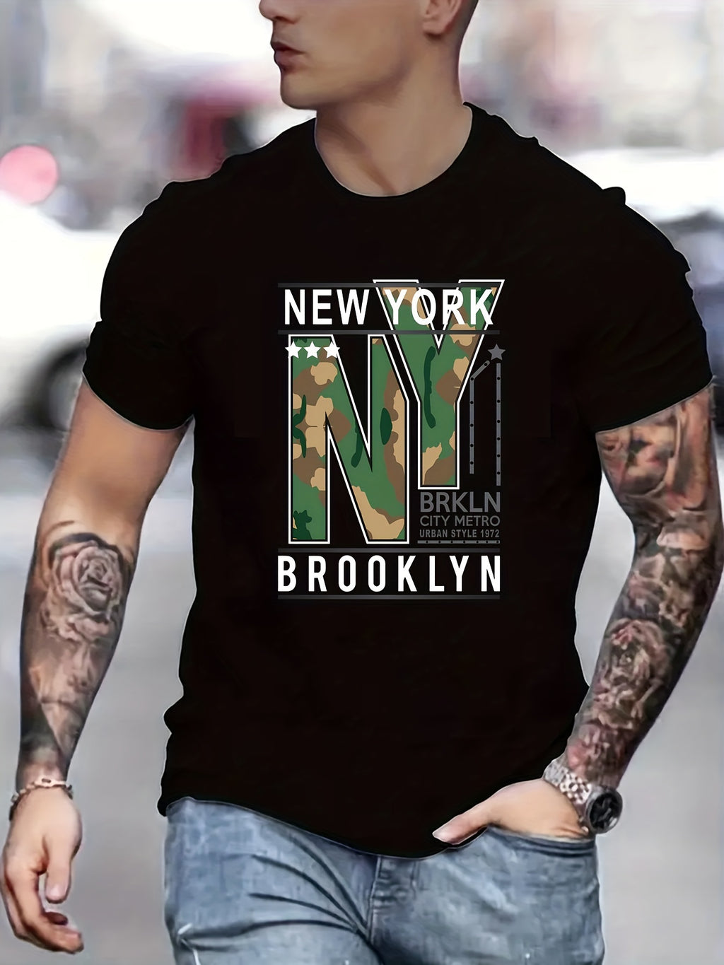 NEW YORK BROOKLYN Printed Men's Casual T-shirt, Short Sleeved T-shirt, Summer Outdoor Sports Clothing