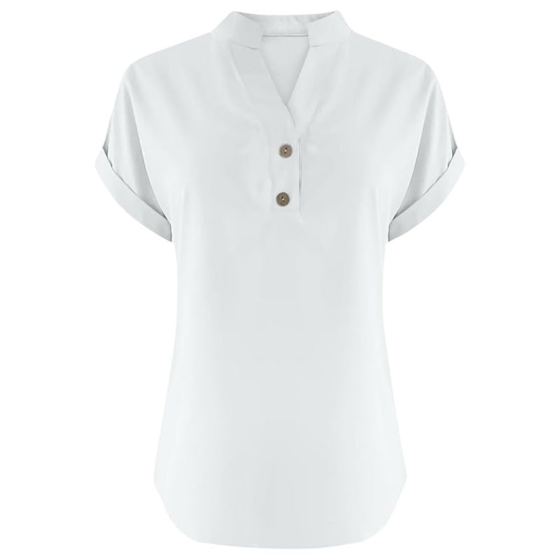 Women's Solid Color V-Neck Short Sleeve Blouse Button Detail, Summer Casual & Work T-Shirt