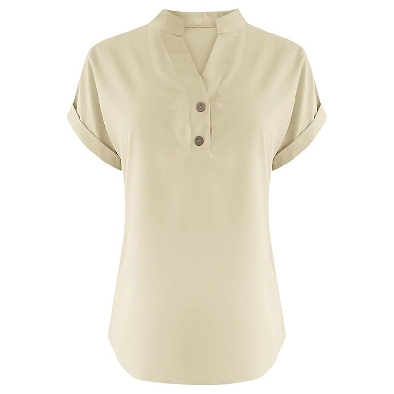 Women's Solid Color V-Neck Short Sleeve Blouse Button Detail, Summer Casual & Work T-Shirt