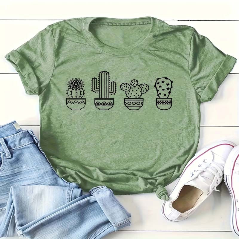 Women'S Casual Crew Neck Short Sleeve T-Shirt With Cactus Potted Plant Summer Essential Top