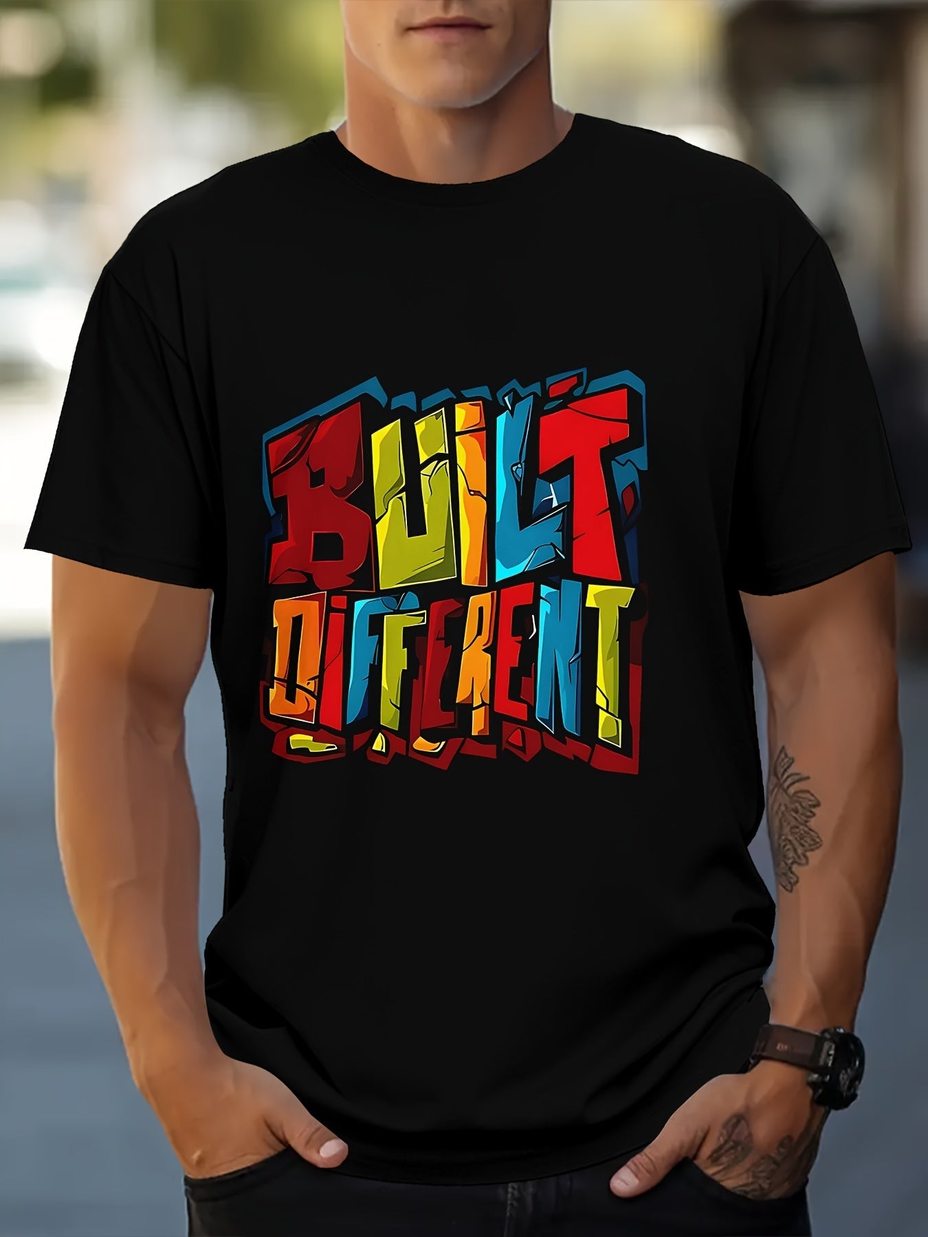 Men's Build DIFFERENT Graphic Printed T-shirt, Short Sleeved Round Neck T-shirt, Summer Outdoor Men's Clothing