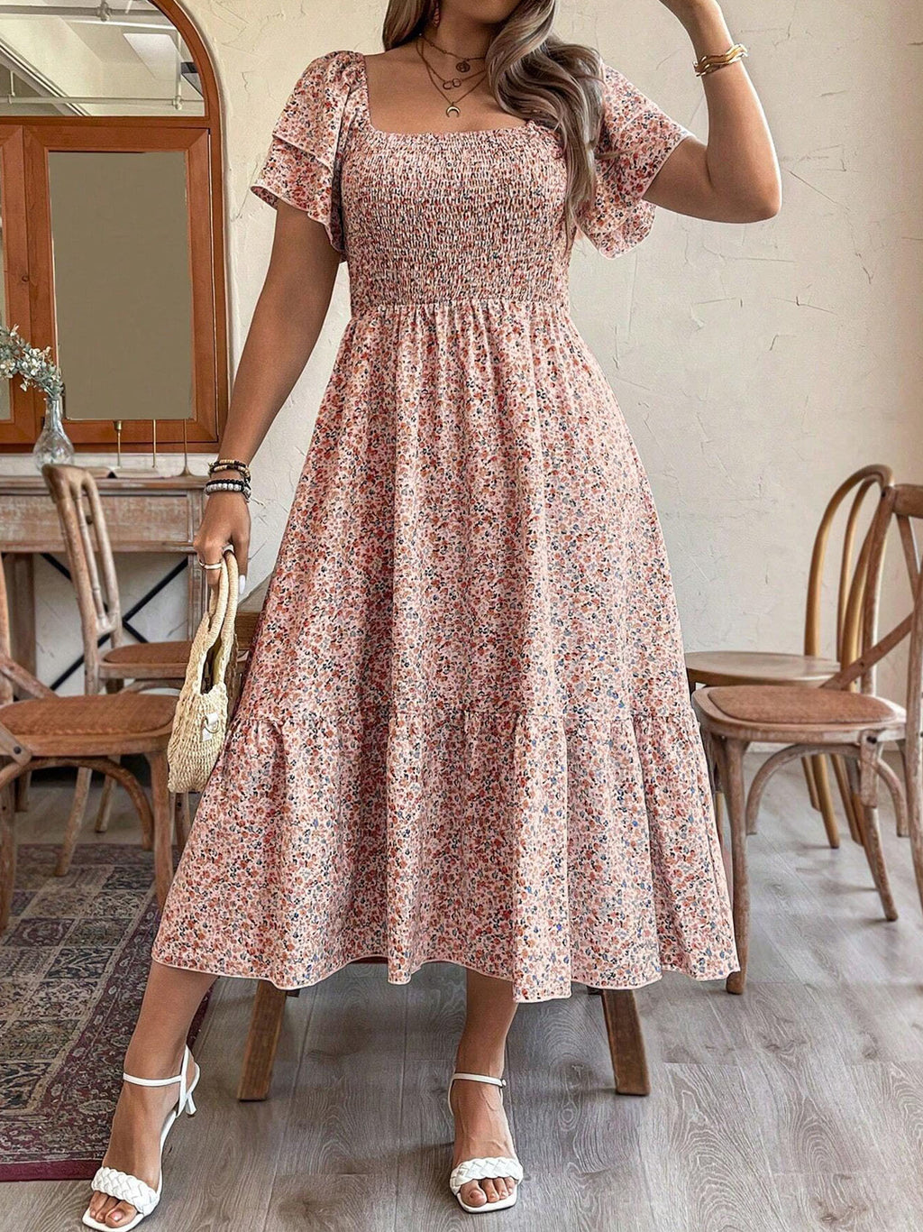 Women's Plus Size Backless Midi Dress For Summer Party - Elegant Pleated Printed Dress