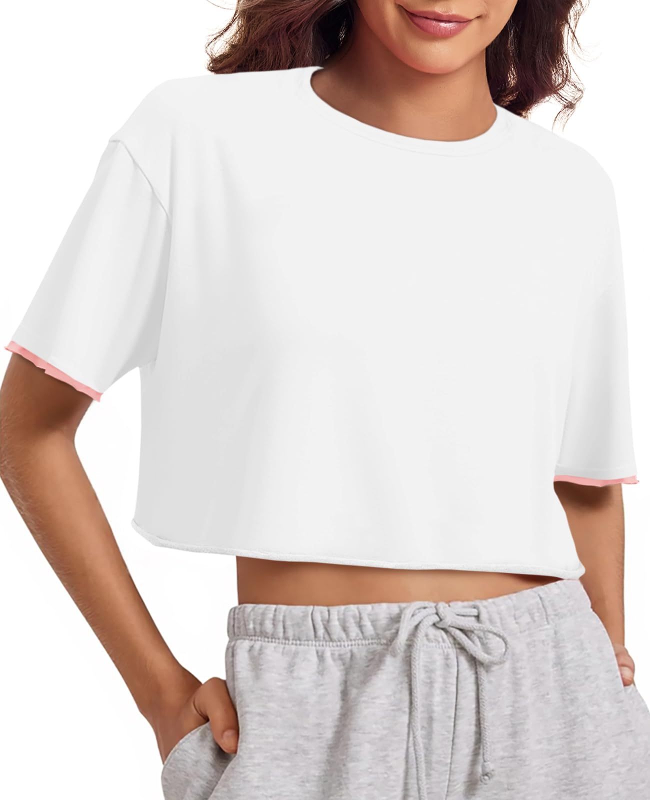 Womens Crop Tops Casual Short Sleeve Crewneck Loose Fit Basic Summer Workout Running T Shirts