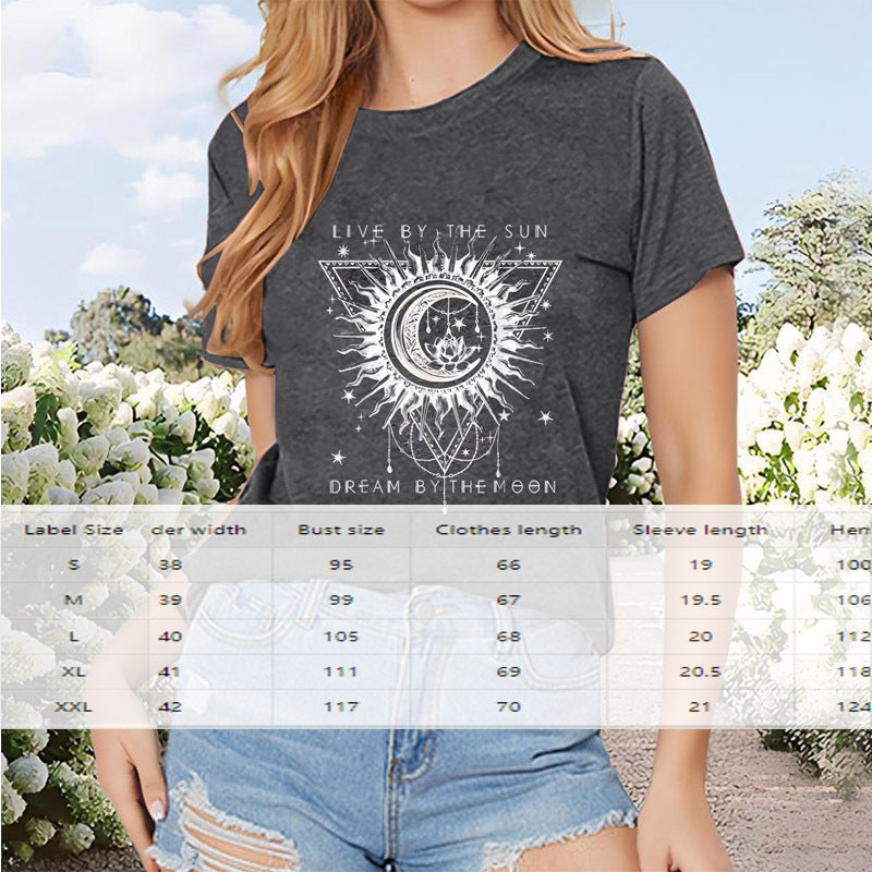 Women's Sun & Moon & Lotus Print T-shirt, Casual Short Sleeve Crew Neck Top For Spring & Summer