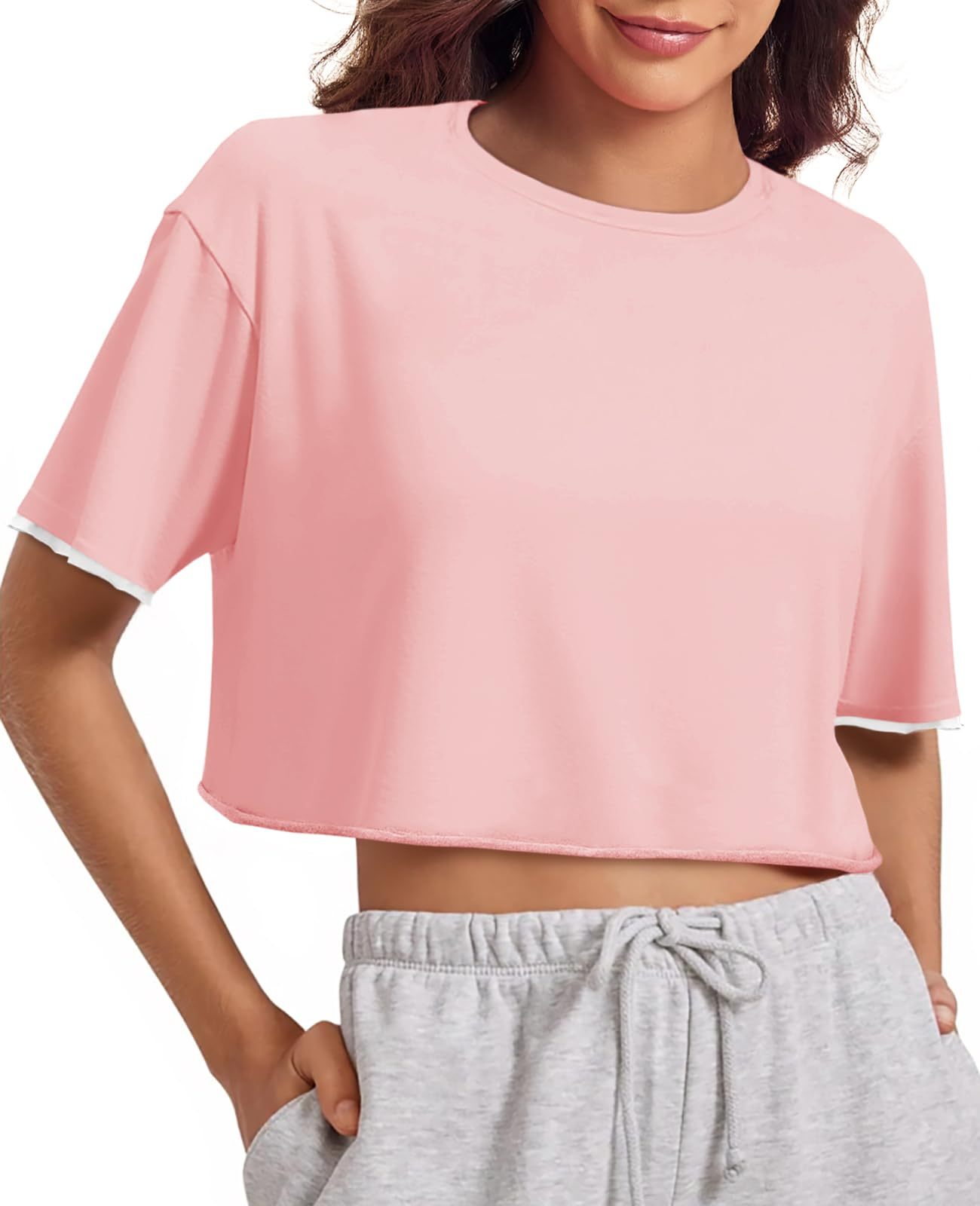 Womens Crop Tops Casual Short Sleeve Crewneck Loose Fit Basic Summer Workout Running T Shirts