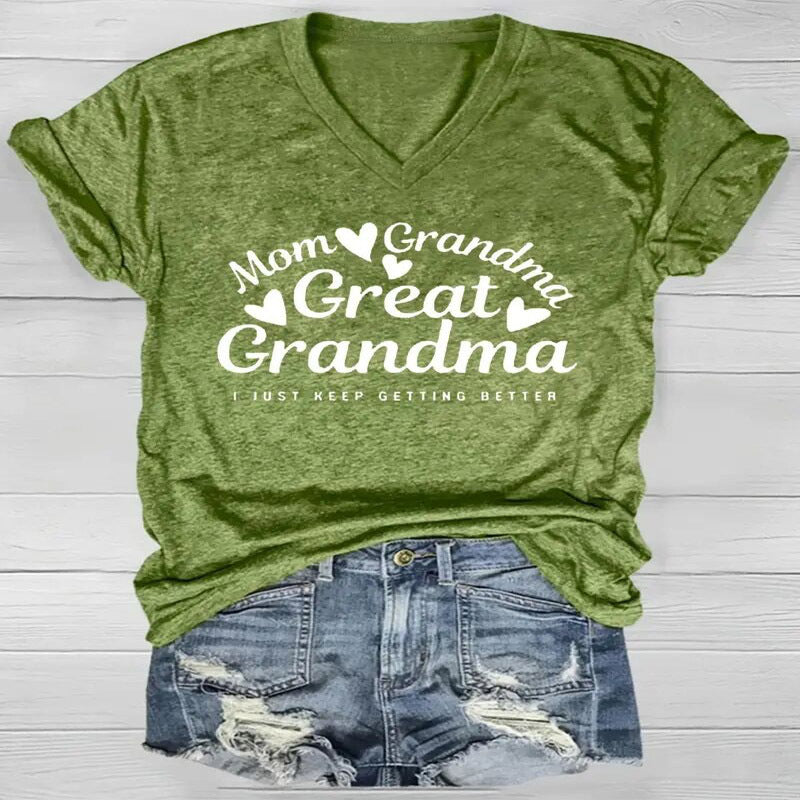 Women's V-Neck T-Shirt 'Mom Grandma Great-Grandma' Letter Print Casual Summer Top
