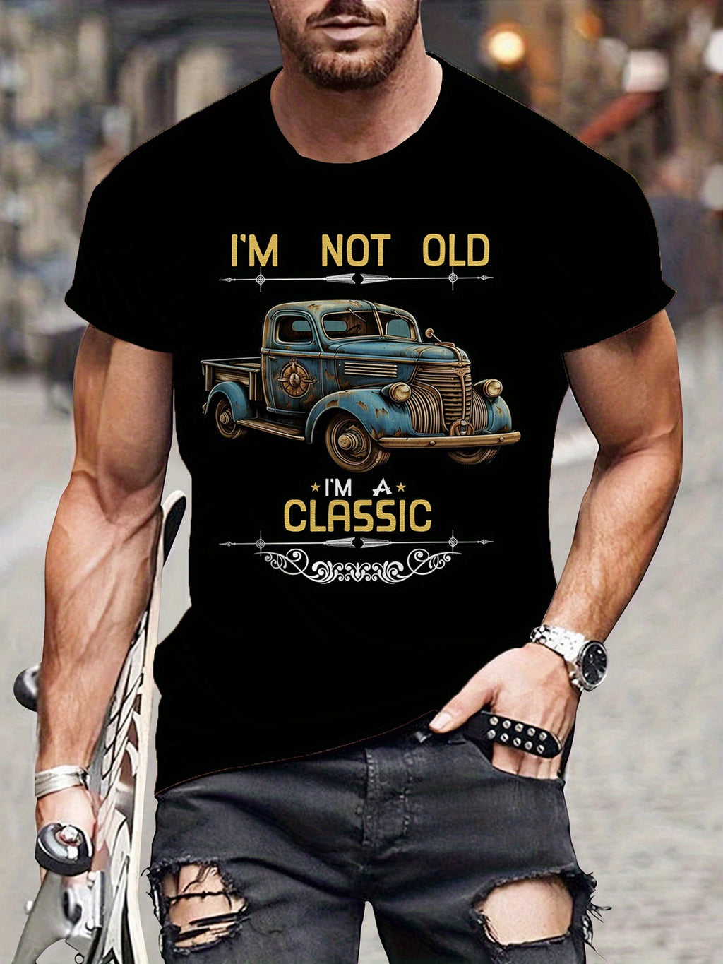 Retro And Rusty Car Patterns And Letter Prints I'm Not Old, I'm Classic Round Neck Short Sleeved T-shirt, Men's Summer Outdoor Casual Fashion Top