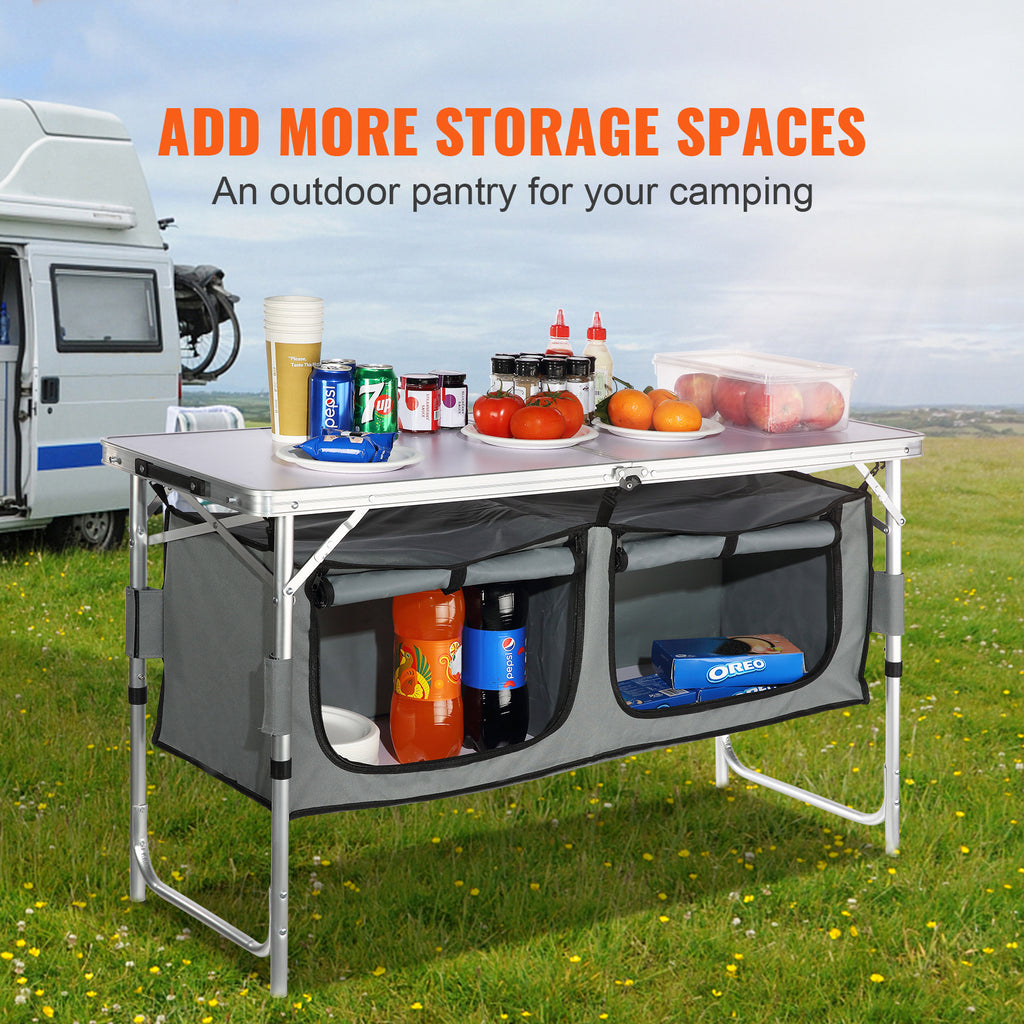 Folding Camping Kitchen Table - Adjustable Height MDF Table for Outdoor Picnics  BBQs