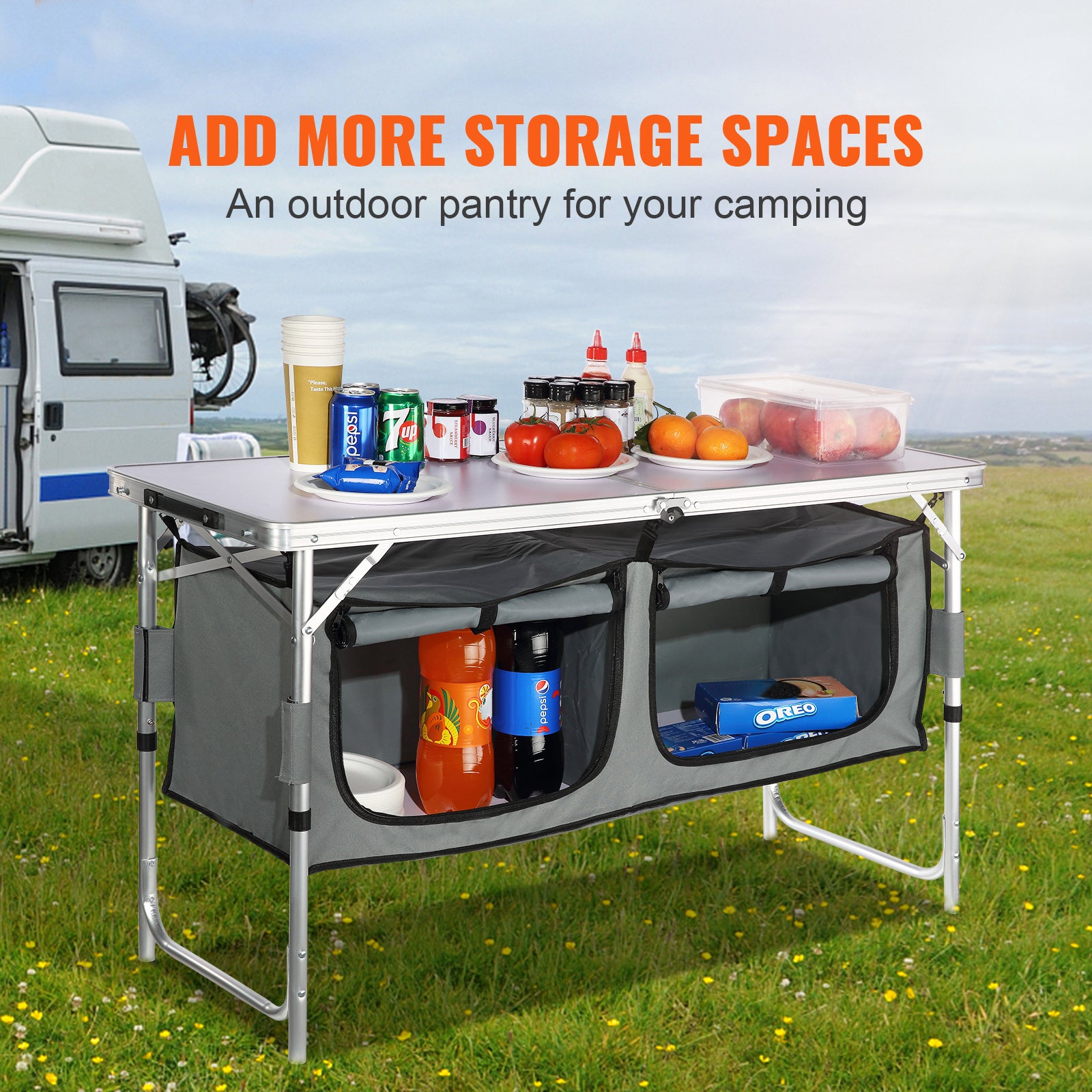 Folding Camping Kitchen Table - Adjustable Height MDF Table for Outdoor Picnics  BBQs