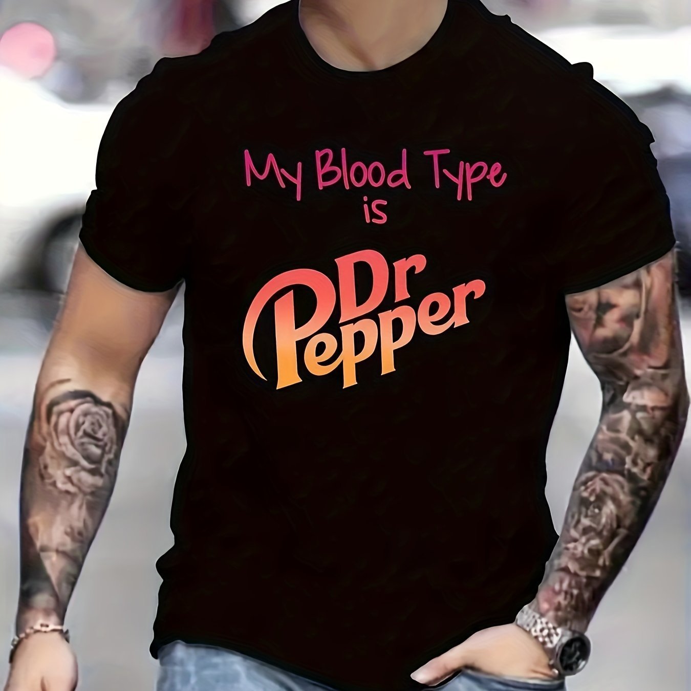 My Blood Type Is Dr. Pepper Letter Printed Men's Casual Plus Size T-shirt, Summer Fashionable Round Neck Short Sleeved Top - Modern Street Style