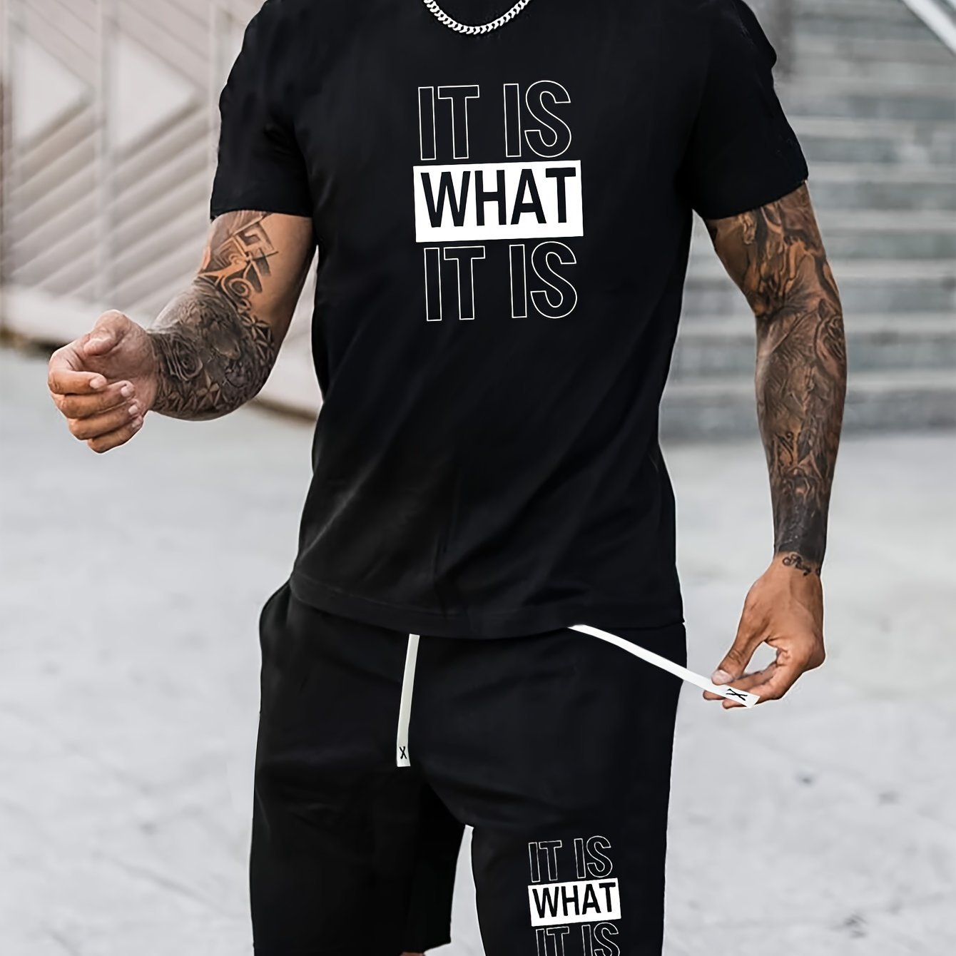 This Is The Pattern Printed Short Sleeved Round Neck T-shirt And Jogging Shorts Set, 2 Comfortable Men's Clothing Pieces For Summer