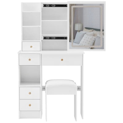 29.2 Small Size Left Drawer Desktop Vanity Table  Cushioned Stool, Large Sliding, Touch Control, Tri-color Switching, Brightness Adjust LED Mirror, High Capacity Storage, Suitable For Small Space