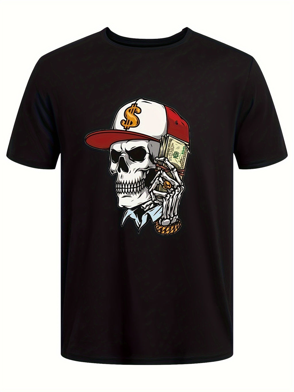 Skull And A Lot Of Money Printed T-shirt, Men's T-shirt, Summer Casual Short Sleeved T-shirt