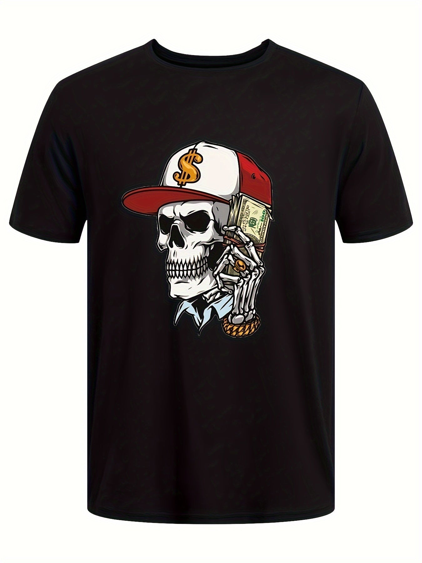 Skull And A Lot Of Money Printed T-shirt, Men's T-shirt, Summer Casual Short Sleeved T-shirt