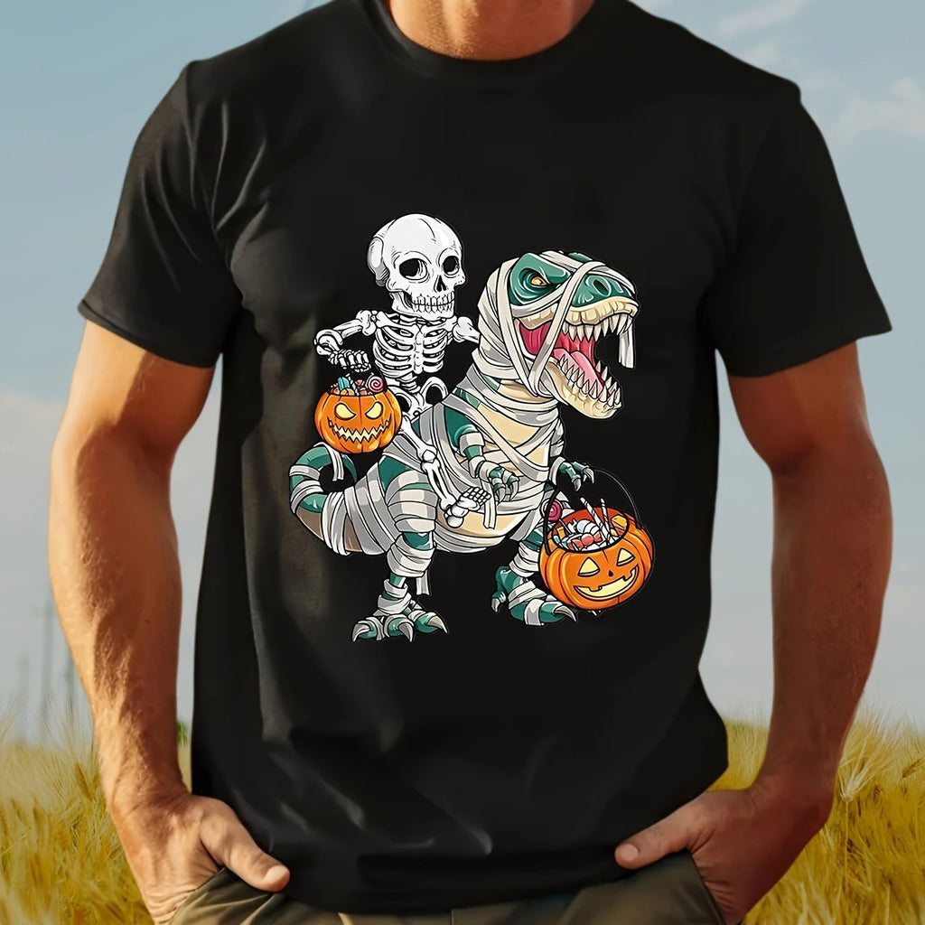 Men's Skull Riding Dinosaur Printed Round Neck Cotton Short Sleeve, Summer Trendy Soft, Comfortable And Breathable Clothing