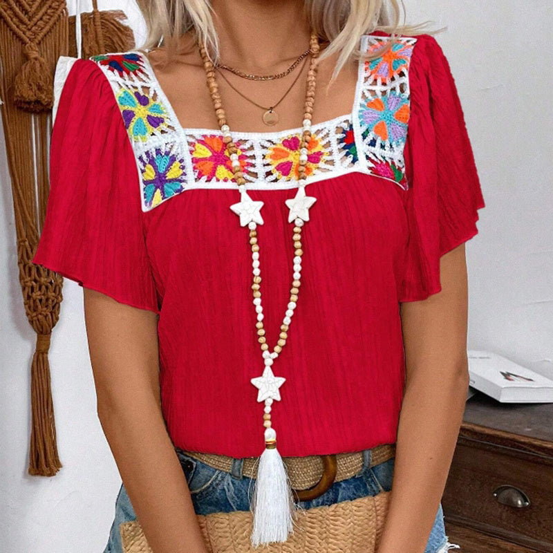 Women's Elegant Square Neck Crochet-Trimmed Geometric Floral Print Short Sleeve Shirt Spring Summer Casual Top