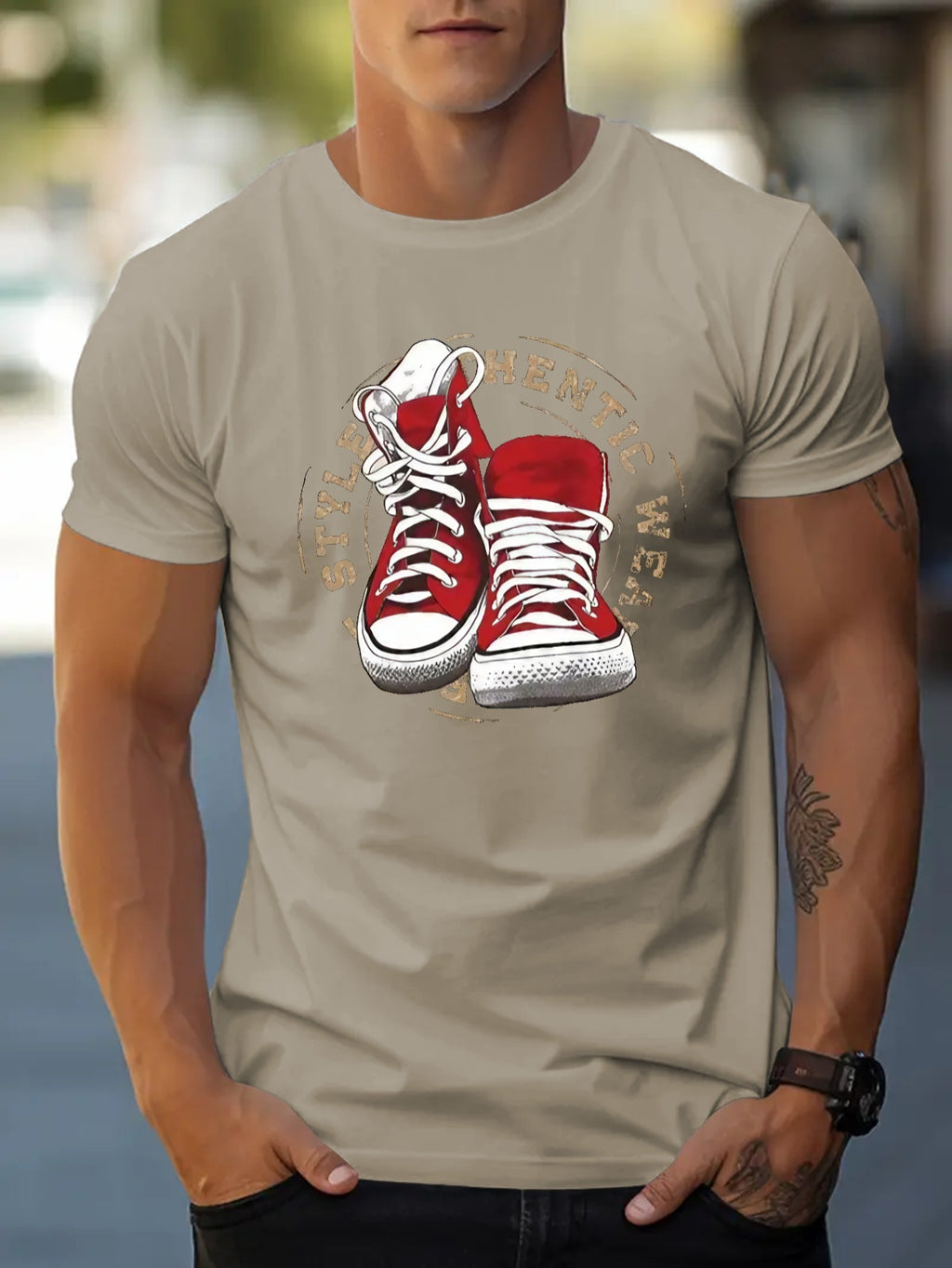Canvas Shoe Pattern Printed Men's Creative Top, Casual Short Sleeved Round Neck T-shirt, Summer Outdoor Men's Clothing
