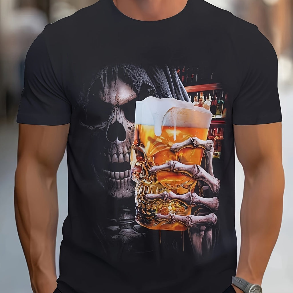 Beer And Skull 3D Printed Men's T-shirt, Casual Creative Short Sleeved Top, Summer Streetwear Men's Clothing
