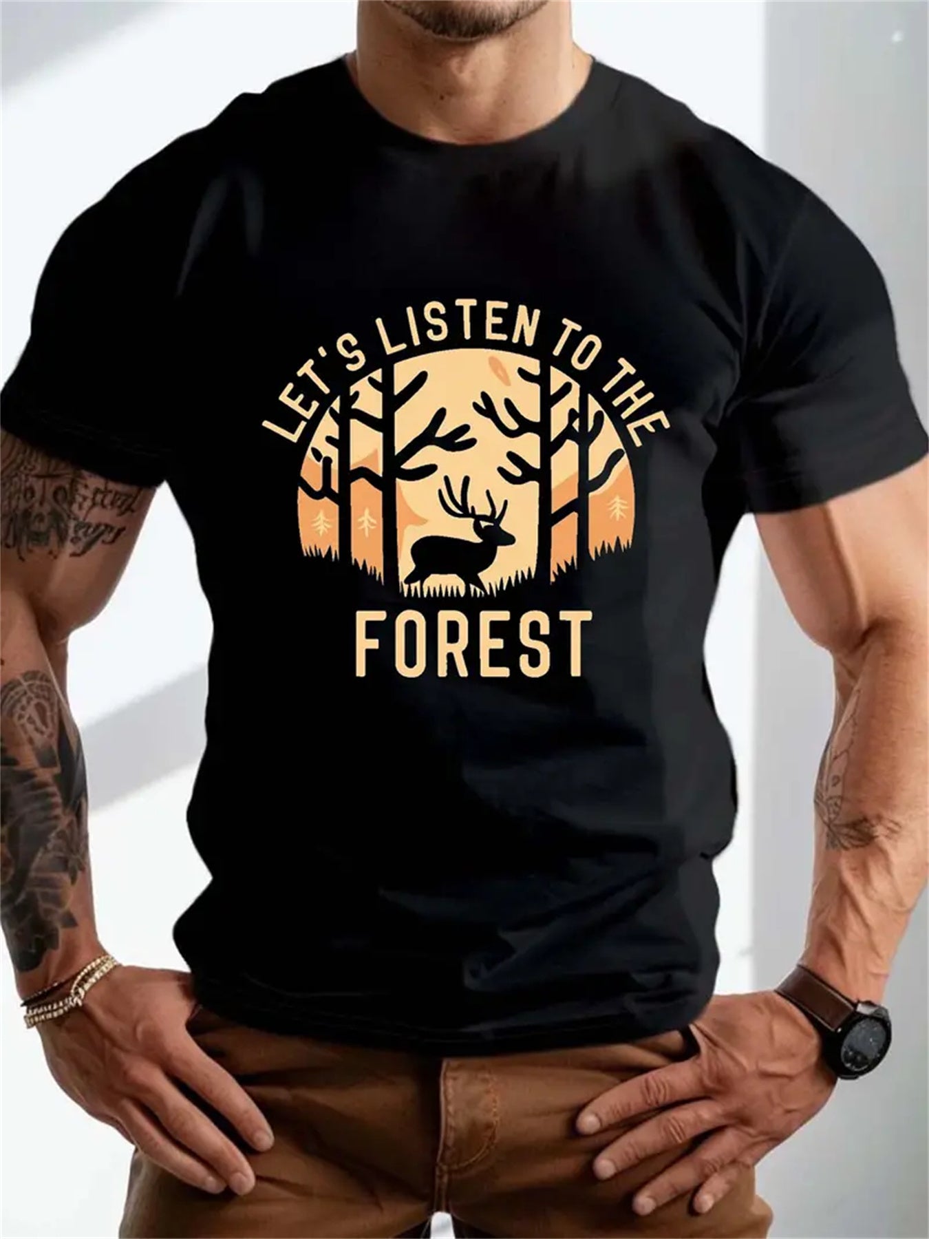 Extra Large Men's Letter Pattern Printed T-shirt - Soft Round Neck, Comfortable Fit, Slightly Elastic Knitted Fabric, Casual Summer T-shirt