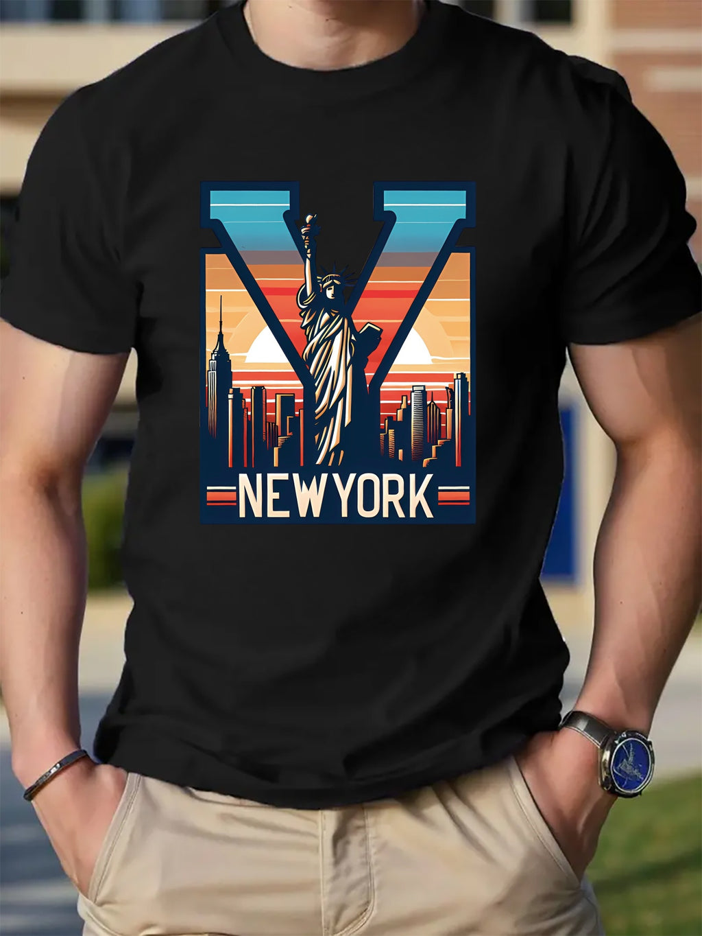 NEW YORK&Letters Printed Men's Round Neck Short Sleeve T-shirt Fashion T-shirt, Casual And Comfortable Breathable Top Spring Summer Holiday Men's Wear As A Gift