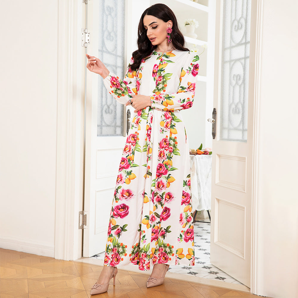 Elegant Style Round Neck Flowers Plant Buttons Puff Sleeve Long Dresses