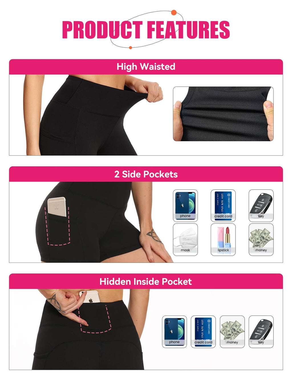 Yoga Pants - Three Points High Waist 3 Pieces Of Polyester Double Grinding Black Polyester Double Grinding Black Tie-dye Polyester Double Grinding Blue Purple Starry Sky