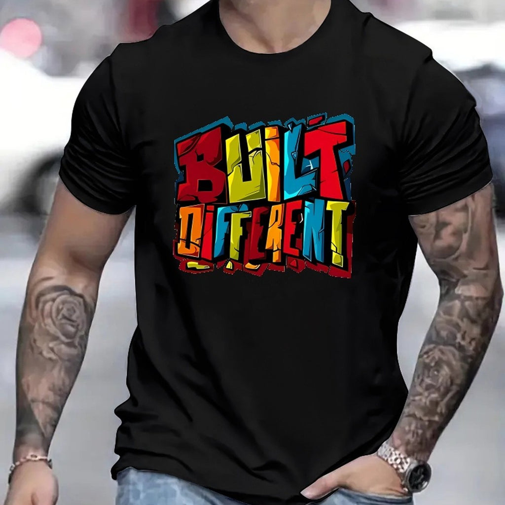 Colorful Letters DIFFERENT Printed Men's Fashion T-shirt, Casual Pattern T-shirt, Short Sleeved Round Neck Top, Men's Spring And Summer Clothing, Men's Clothing