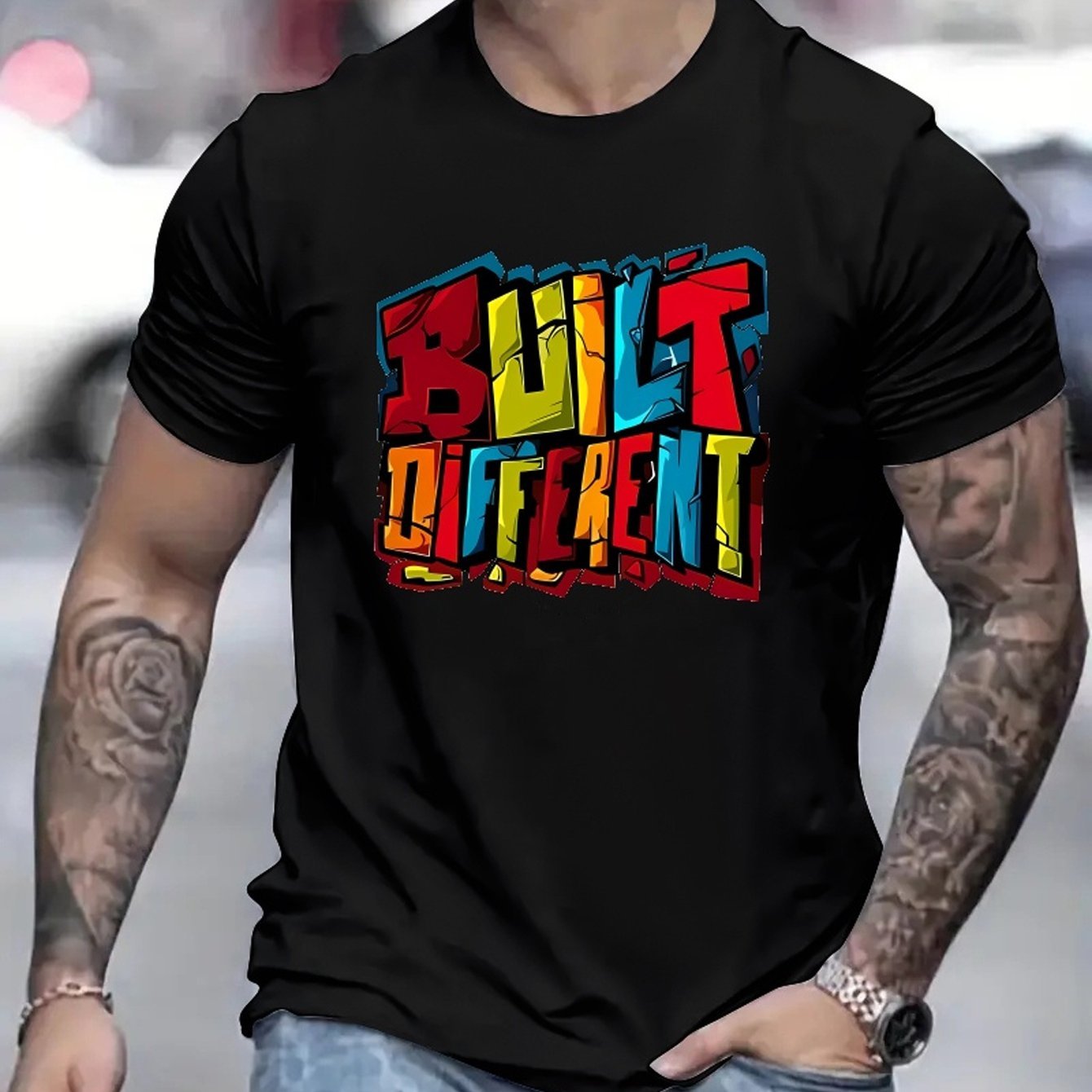 Colorful Letters DIFFERENT Printed Men's Fashion T-shirt, Casual Pattern T-shirt, Short Sleeved Round Neck Top, Men's Spring And Summer Clothing, Men's Clothing