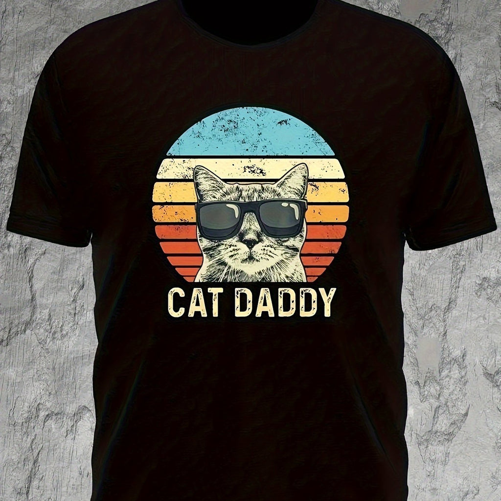 Extra Large Men's Summer Casual Pattern T-shirt, Cat Dad Printed Round Neck Oversized T-shirt, Fashionable Men's Clothing