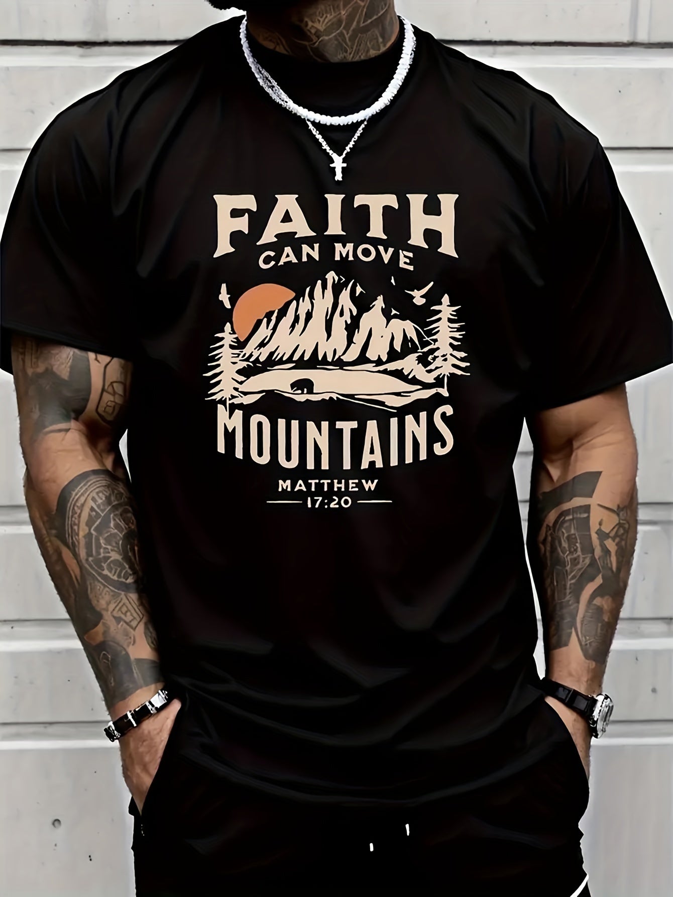 FAITH CAN MOVE MOUNDAINS Men's Round Neck Short Sleeve T-shirt With Letter Printing, Casual Summer T-shirt