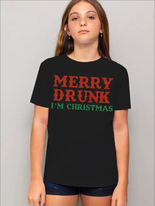 Women'S Merry Drunk I'm Christmas Casual Tee, Crew Neck T-Shirt, Regular Fit,  Alphabet Pattern, Summer Sports Top