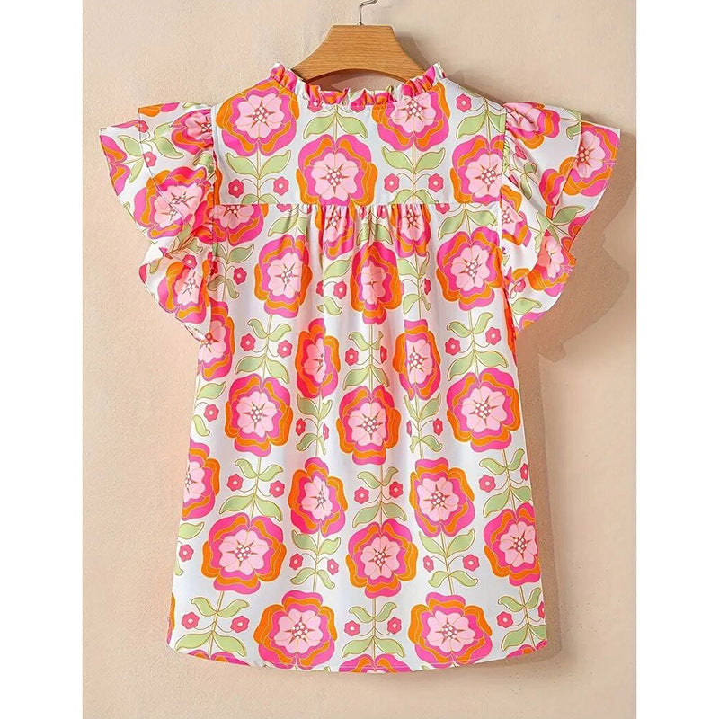 Women's V-Neck Floral Print Ruffle Sleeve Blouse, Casual Summer Short Sleeve Work Top