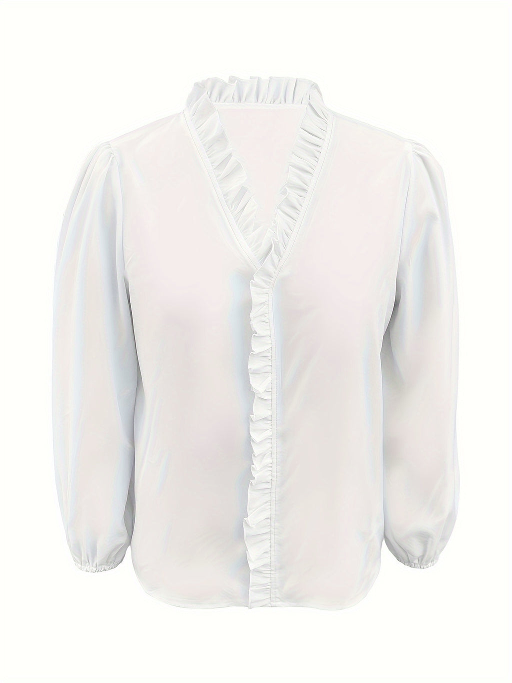 Pure Color Ruffle Hemline Shirt, Casual V-neck Long Sleeve Shirt.