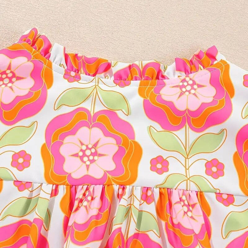 Women's V-Neck Floral Print Ruffle Sleeve Blouse, Casual Summer Short Sleeve Work Top