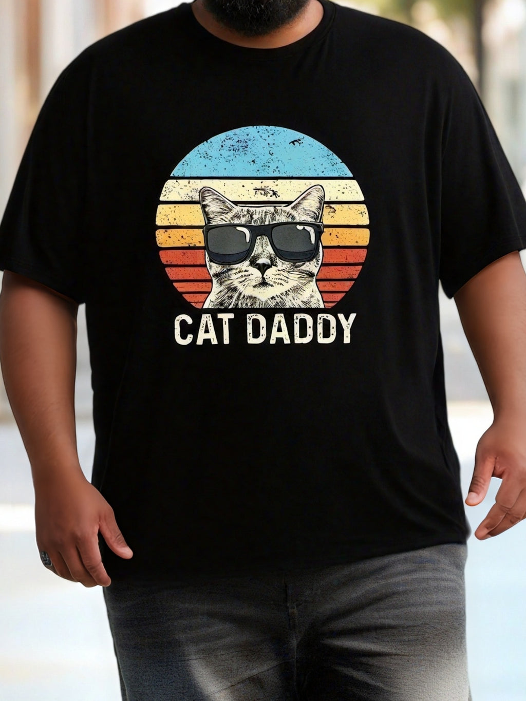 Extra Large Men's Summer Casual Pattern T-shirt, Cat Dad Printed Round Neck Oversized T-shirt, Fashionable Men's Clothing