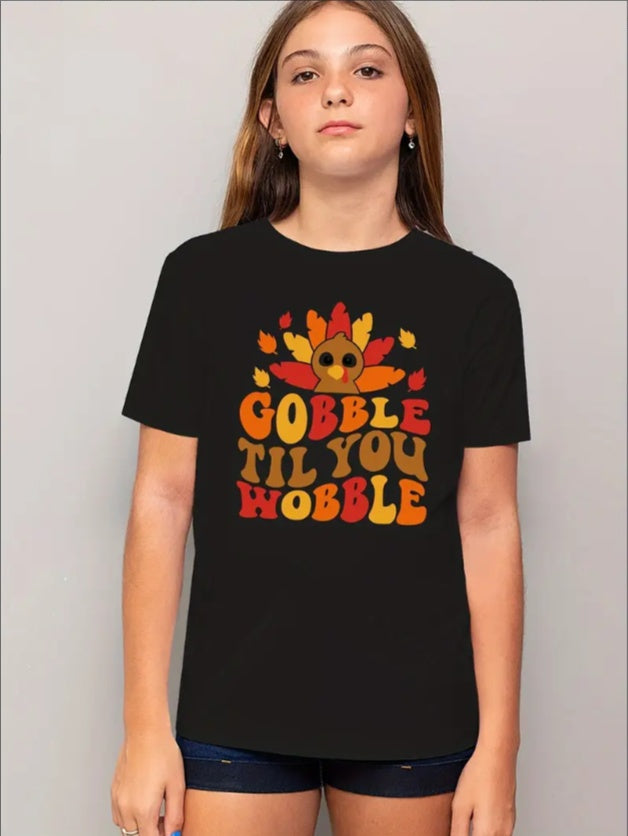 Youth Thanksgiving Turkey Cartoon Print Sports T-Shirt,Crew Neck Tee, Casual Summer Knit Top Regular Fit,