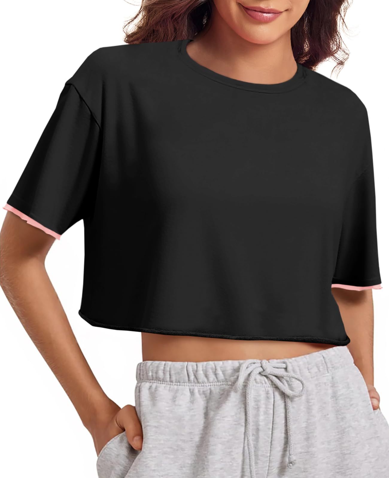 Womens Crop Tops Casual Short Sleeve Crewneck Loose Fit Basic Summer Workout Running T Shirts
