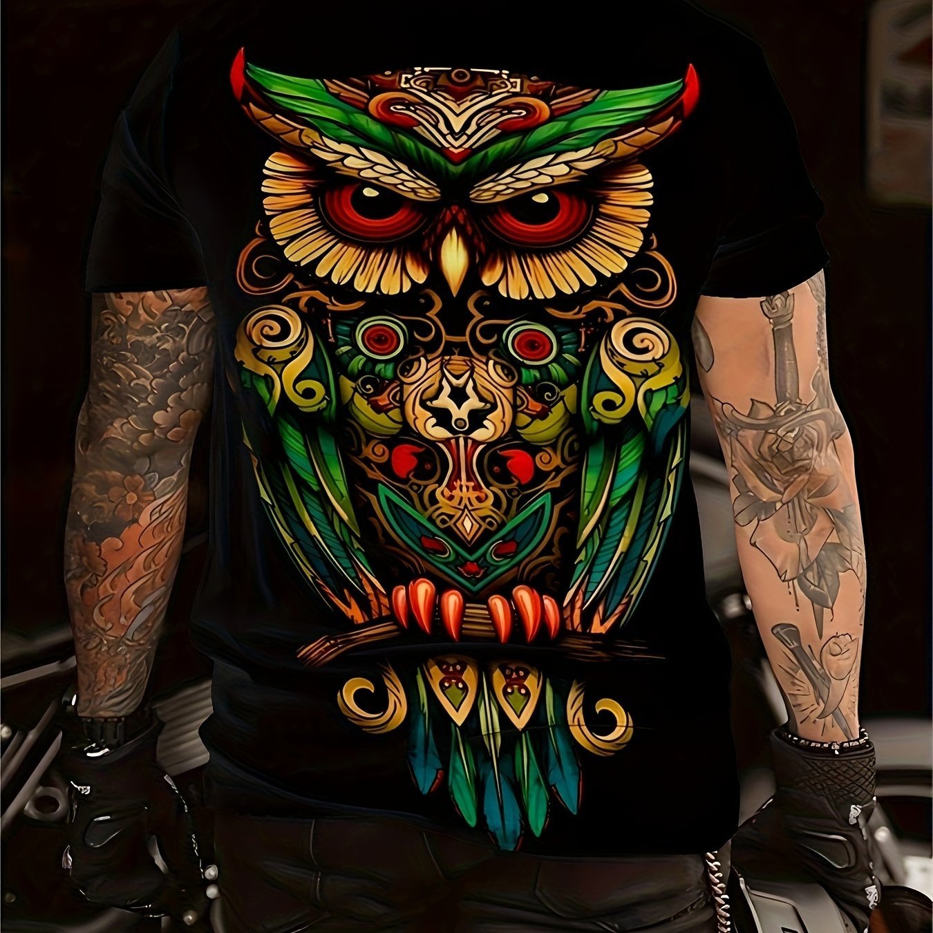 Men's Owl Pattern Printed T-shirt, Casual Short Sleeved Round Neck T-shirt, Summer Outdoor Men's Clothing