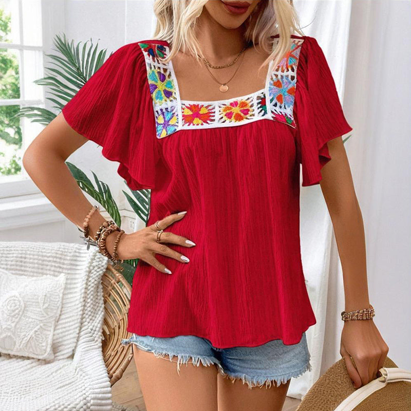 Women's Elegant Square Neck Crochet-Trimmed Geometric Floral Print Short Sleeve Shirt Spring Summer Casual Top