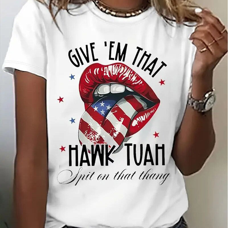 Women's Round Neck American Flag Lips & Stars Print Summer Top, Casual Comfortable Short Sleeve Tee